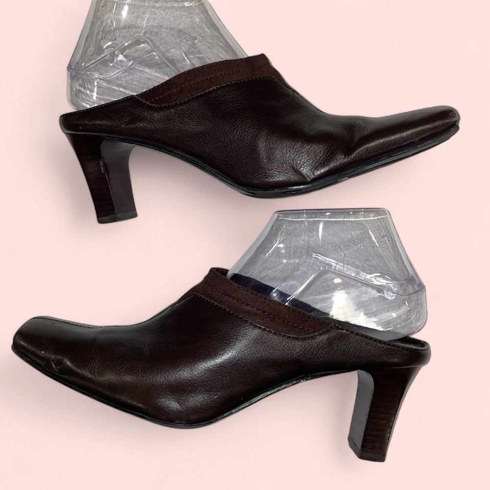 Y2K chocolate brown leather suede chunky heeled mules square top liz Claiborne